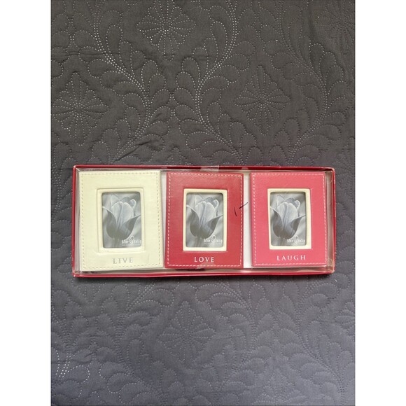 Blue Tulip 3pc LIVE LOVE LAUGH Leather Photo Frame Set 2 1/2”x1 1/2” Accent Gift - Picture 1 of 9